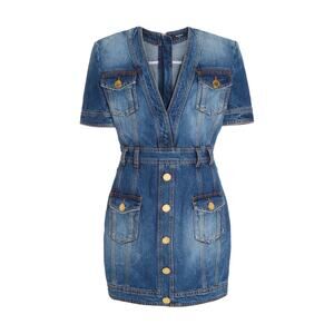 Balmain Denim Blue V Neck Mini Dress Size Fr 36 / US 4